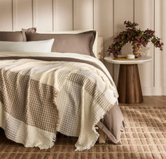 Heirloom Waffle Merino Bed Blanket - Cream/Pewter/Twig Plaid
