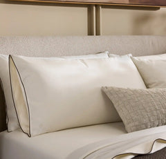 Percale Embellished Pillowcase Set - Cream/Deep Walnut Piped Edge