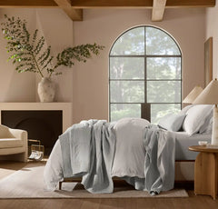 Percale Embellished Duvet Set - White/White Curved Edge