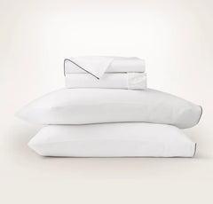 Signature Embellished Sheet Set - White/Coastal Navy Piped Edge