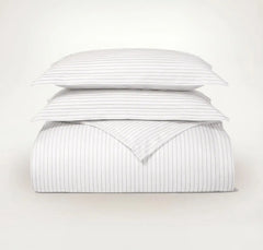 Percale Hemmed Duvet Set - White/Pewter Simple Stripe