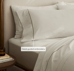 Percale Embellished Pillowcase Set - White/Oak Embroidered