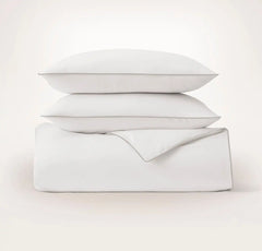 Percale Embellished Duvet Set - White/Pewter Piped Edge