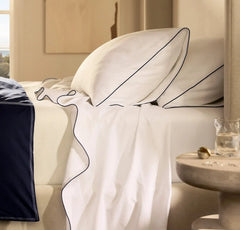 Signature Embellished Pillowcase Set - White/Coastal Navy Piped Edge