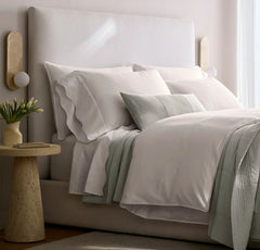 Percale Embellished Pillowcase Set - White/White Curved Edge